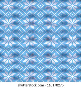 Blue and white knitted pattern with nordic style snowflakes, plus seamless pattern included in swatch palette (pattern fill expanded). For high res JPEG or TIFF see image 118178272