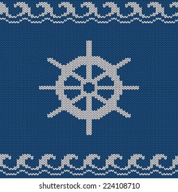 Blue white knitted seamless pattern with sea wheel and waves