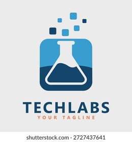 Blue and white laboratory beaker icon with squares on a light gray background icon