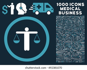 Blue And White Lawyer vector bicolor rounded icon. Image style is a flat icon symbol inside a circle, dark blue background. Bonus clipart is 1000 healthcare business pictograms.