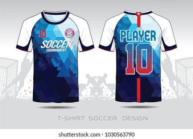 Blue And White Layout Football Sport T-shirt Design. Template Front, Back View. Soccer Kit National Team Shirt Mock Up. Vector Illustration.