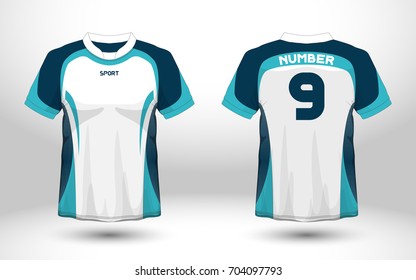 Blue and white layout football sport t-shirt design. Template front, back view. Soccer kit national team shirt mock up. Vector Illustration.