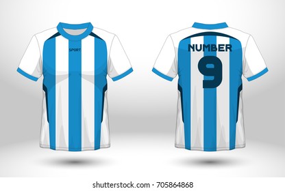 Blue and white layout football sport t-shirt design. Template front, back view. Soccer kit national team shirt mock up. Vector Illustration.