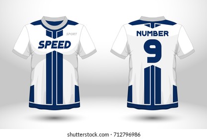 Blue and white layout football sport t-shirt design. Template front, back view. Soccer kit national team shirt mock up. Vector Illustration.