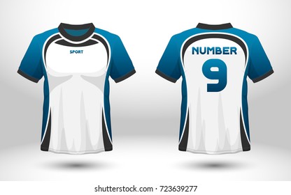 Blue and white layout football sport t-shirt design. Template front, back view. Soccer kit national team shirt mock up. Vector Illustration.