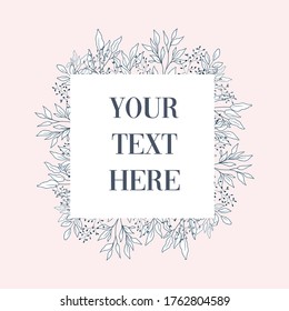 Blue White Leaf Square Plant Flower Blank Frame Template with Pink Peach Background