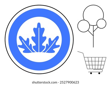 Símbolo de folha azul e branco dentro de um círculo, uma árvore desenhada por linhas e um carrinho de compras desenhado por linhas. Ideal para sustentabilidade, eco-friendly, conservação da natureza, consciência ambiental e compras ecológicas