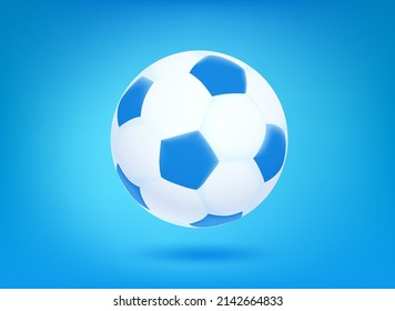 Blue and white leather soccer ball icon on blue background. 3d vector illustration