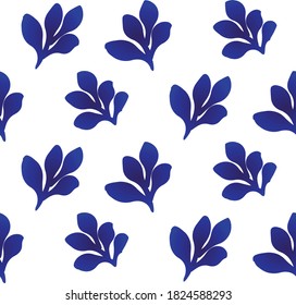 blue and white leaves pattern seamless vector, cute floral background for design, porcelain, ceramic decor, indigo, pottery folk print, Chinaware, wallpaper, textile, tiles, paper, flower pot, floor