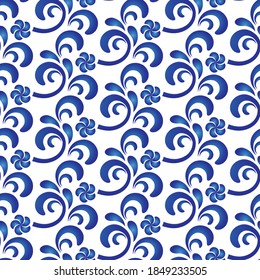 blue and white leaves pattern seamless vector, cute floral background for design, porcelain, ceramic decor, indigo, pottery folk print, Chinaware, wallpaper, textile, tiles, paper, flower pottery