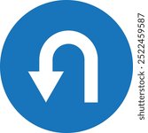 Blue and white left U turn icon . U turn arrow in blue circle road sign . Vector illustration