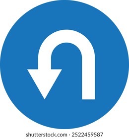 Blue and white left U turn icon . U turn arrow in blue circle road sign . Vector illustration