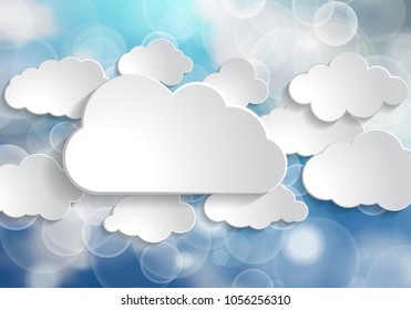 Blue and White Lights and white paper clouds in Sky with festive beams on blue background 