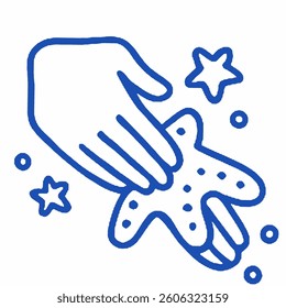 Blue and white line art illustration of a hand gently holding a starfish, surrounded by small sea elements.