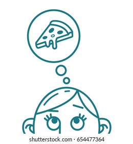 blue and white line art illustration of the thought of pizza slice 