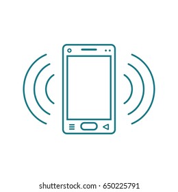 Blue and white line art ringing smartphone icon with blank screen and signal waves