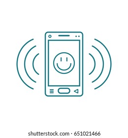 Blue and white line art ringing  smartphone icon with smiley emoji and signal waves