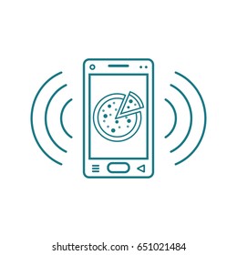 Blue and white line art ringing smartphone icon with pizza and signal waves