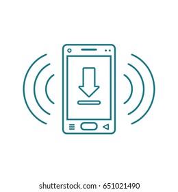 Blue and white line art ringing smartphone icon with a download arrow sign and signal waves 