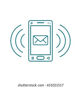 Blue and white line art ringing smartphone icon  with a letter sign and signal waves