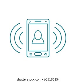 blue and white line art ringing smartphone icon  with a user avatar sign and signal waves