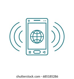 blue and white line art ringing smartphone icon with a sign of the browser globe and signal waves