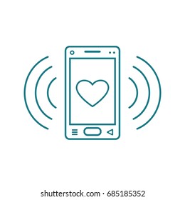 blue and white line art ringing smartphone icon with a heart sign and signal waves
