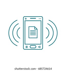 blue and white line art ringing smartphone icon with document sign and signal waves