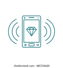 blue and white line art ringing smartphone icon with a diamond sign and signal waves