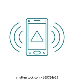 blue and white line art ringing smartphone icon with warning sign and signal waves
