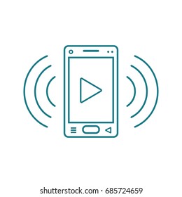 blue and white line art ringing smartphone icon with player sign and signal waves