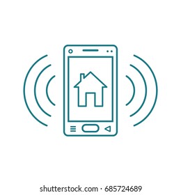 blue and white line art ringing smartphone icon with house sign and signal waves
