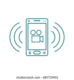 blue and white line art ringing smartphone icon with camcorder sign and signal waves