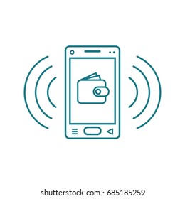blue and white line art smartphone icon with wallet sign and signal waves