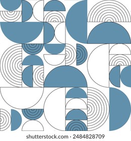 Blue and White Line Half Circle Seamless Pattern. Vector Illustration of Fashion Contemporary Art. Background Decor. Linear and Outline Style. 