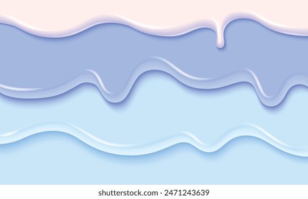 Blue and white liquid substance border. Vector realistic illustration of melting ice cream or yogurt flow, 3d color paint splash, sweet icing drops pouring down dessert cake, nail polish texture