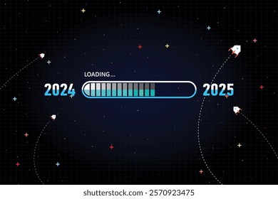 Blue and white loading bar from 2024 to 2025 on Pixel art Retro Futurism Sci-Fi Background. New Year concept