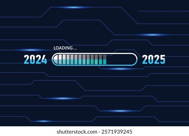 Blue and white loading bar from 2024 to 2025 on Pixel art Retro Futurism Sci-Fi Background. New Year concept