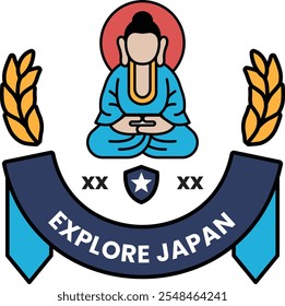 A blue and white logo with a Buddha statue sitting cross legged and a star in the middle