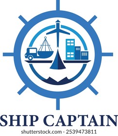 A blue and white logo design showcasing a boat and ship 