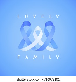 Blue an white logo of a family, three linked ribbons. Sign of a custody or adoption of an infant. Blue colored parent ribbons can be considered like a symbol of an equal partners of small family.