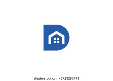 Un logotipo azul y blanco con una casa estilizada dentro de una letra d