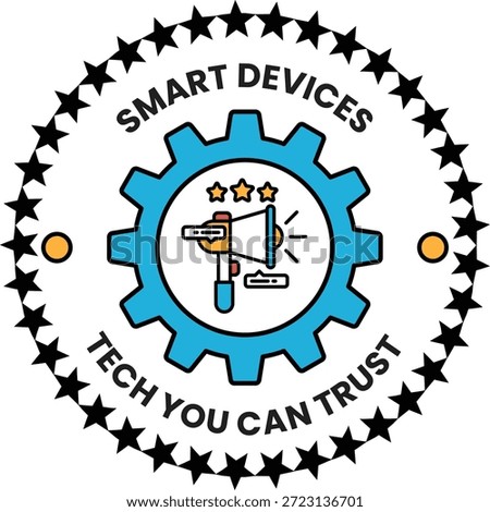 A blue and white logo with a gear and a star. The logo is for smart devices and tech you can trust
