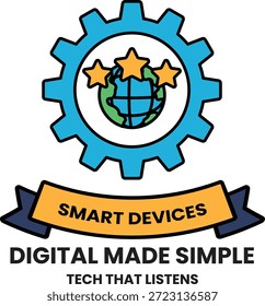 Um logotipo azul e branco com um globo e três estrelas. O logotipo é intitulado "Dispositivos inteligentes" e é projetado para se parecer com uma engrenagem