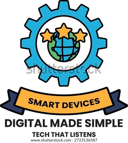 A blue and white logo with a globe and three stars. The logo is titled "Smart Devices" and is designed to look like a gear