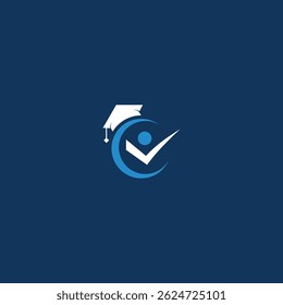 A blue and white logo with a graduation cap and a check mark. The logo is meant to represent education and achievement
