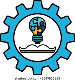 A blue and white logo with a light bulb and a book. The light bulb is a symbol of knowledge and the book is a symbol of learning. The logo is meant to represent the idea of learning