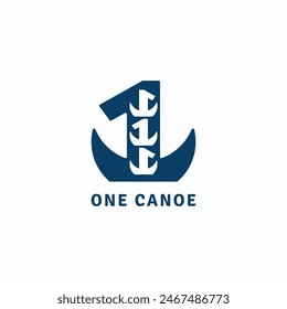 Un logo azul y blanco para One Canoe. El logo presenta un barco con tres anclas y el número 1.