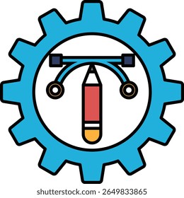 A blue and white logo with a red pencil and a blue gear. The pencil is drawn in a way that it looks like it is writing on the gear. The logo represents creativity and innovation