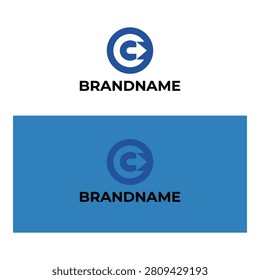 Blue and white logo template with brandname and circular arrow symbol icon